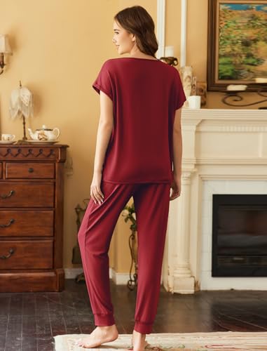 Image of Ekouaer Lounge Sets for Women 2 Piece Pajamas Short Sleeve Tops and Long Pants Jogger Pjs Tracksuit Set,Wine,XXL