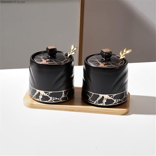 Ceramic Storage Jar with Lid and Wooden Tray – Seasoning Box for Salt Pepper Kitchen Spice Organizer Clear Dosage Control Stylish Home Solution