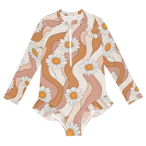 ALAZA Swimsuit for Girls Long Sleeve Rashguard Bathing Suit Orange White Striped Daisy Quick Dry 4T