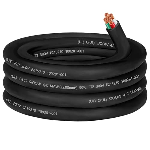 14/4 Wire 14 AWG SJOOW Portable Power Cable 14 Gauge 300V 4 Conductor SJOOW Cable Cord Electrical Wire for Mini Split Air Conditioner HVAC/Heat Pump/Speaker Systems/Light/Trailer Indoor Outdoor-25FT