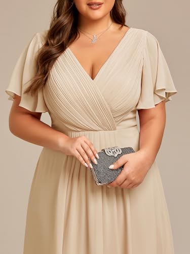 Image of Ever-Pretty Plus Summer Short Sleeves V-Neck Formal Wedding Guest Dresses for Curvy Women Chiffon Midi Cocktail Party Dress