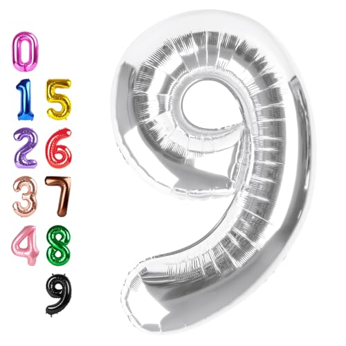 Image of Number Balloons 9 Balloon Silver for 9th Birthday Party Decoration, 40 inch | Saturated Color, Large 40 inch, With Straw & Hanging Hole, For Back-To-School Season, Anniversary, Christmas, New Year