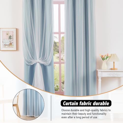 Image of Anytime Double Layer Blackout Curtains 2 Panels,35Wx63L,Sky Blue | Sheer And Fabric Window Drapes Grommet Top Solid Color Bedroom Living Room Home Decor