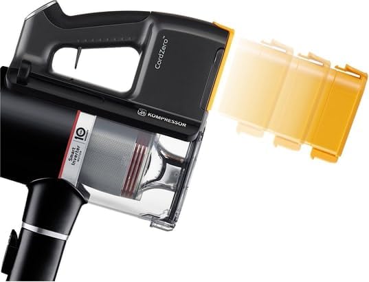Close-up of the LG CordZero A9K PRO1B dust bin with the Kompressor mechanism visible.