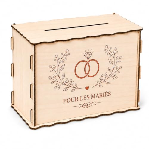 Urne Mariage En Bois Naturel Gravé "Pour Les Mariés" - Boite Mariage Design Champêtre 25x18cm - Boite Mariage Urne Élégante Pour Cartes, Enveloppes Et Réception De Noces