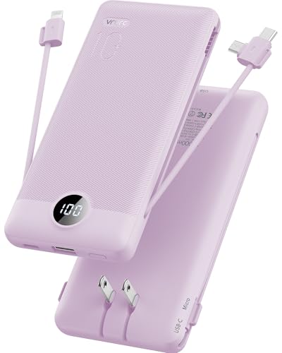 VRURC Portable Charger Built-in Cables and AC Wall Plug, USB C Power Bank 10000mAh, Travel Essentials Phone Charger Compact Lightweight External Battery Pack for Smart Phones, Tablets etc-Purple