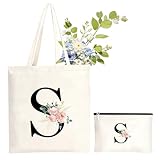 NHTJTHE Initialen Bolsa de algodón personalizada, bolsa de transporte y neceser de cosméticos, bolso de la compra de lona, regalo para mujeres, novia, mamá, abuela, cumpleaños, Navidad, aniversario-S
