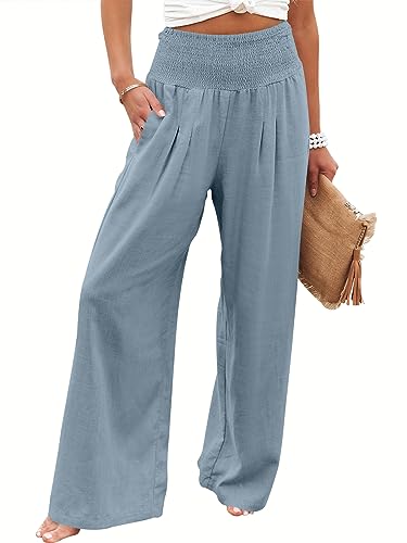 Image of ANRABESS Women Linen Palazzo Pants Summer Boho Wide Leg High Waist Casual Lounge Pant 2026 Beach Travel Vacation Outfits