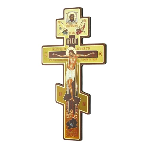 BlessedMart Cruz de parede ortodoxa russa - crucifixo bizantino de madeira com três barras para pend