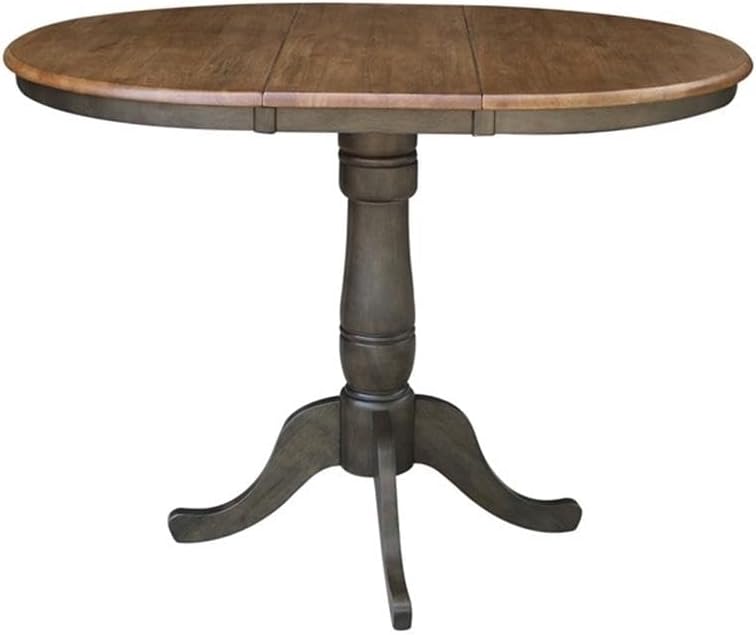 Pemberly Row 36" Counter Height Dining Table, Solid Hardwood, Hickory/Washed Coal Finish, 12" Leaf, Butcher Block Top, Pedestal Base with Extension, Expandable for Kitchen or Dining Room