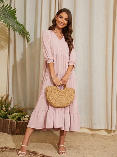 Beautiful Nomad Women's Casual V Neck Boho Dress Puff Sleeve High Waist Floral Smocked Flowy Ruffle Midi Dresses4