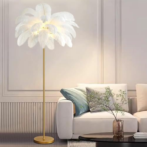 Lámpara de pie de plumas blancas para dormitorio con luz LED de 3 colores