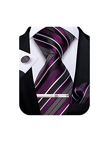 Image of DiBanGu Mens Striped Tie Silk Woven Necktie and Pocket Square Cufflinks Tie Clip Set Wedding Business Formal Gift Tie for Men