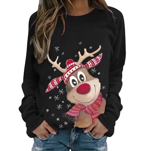 Generisch Weihnachtspullover Damen Lustige Langarmshirt Weihnachten Oberteil Elch Weihnachtsshirt Sweatshirt mit Schneeflockenprint Weihnachts Xmas Oberteile Weihnachtspulli...