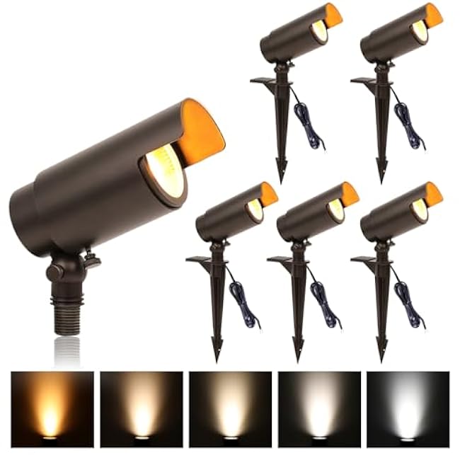 Low Voltage Landscape Lighting, 5CCT Low Voltage Landscape Spotlights, 12V Uplighting Outdoor Wired, 7W LED Spot Lights Outdoor for Tree Wall Flag with Adjustable Beam Angle (Bronze, 6)