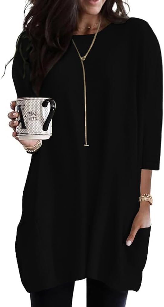 Poetsky Womens 3/4 Sleeve Tunics or Tops to Wear with Leggings Long Shirts Blouses with Pockets S-3XL