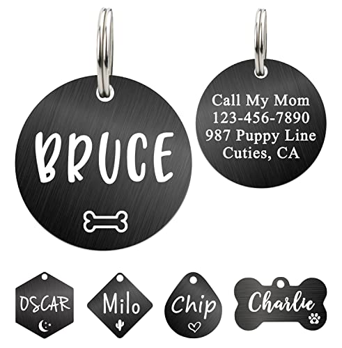 Ultra Joys Custom Personalized Dog ID Tag - Brushed Stainless Steel Round, Black, Small