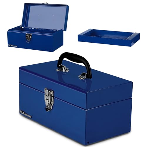 P.I.T. 12’‘ Small Tool Box,Portable Removable Tray Heavy Steel ToolBox with Metal Latch Closure,Blue,Lockable,Mini Tool Case for Household, Warehouse,Tools Storage