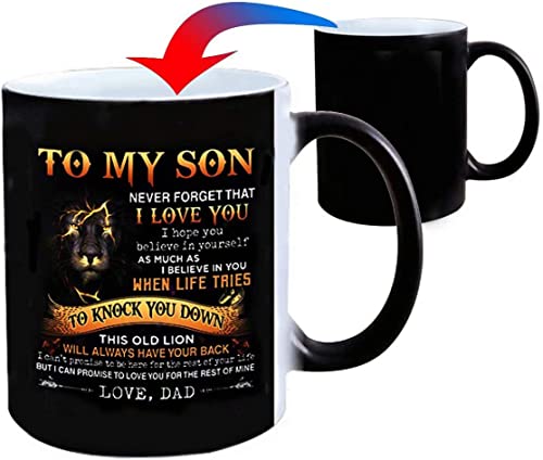 Taza de café de cerámica con texto en inglés "Lion To My Son Never Forget That I Love You", de papá, cambia de color, sensible al calor, regalo único de cumpleaños para mamá, papá, novio, novia -284