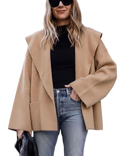 Hooever Women's Shawl Collar Sweater Oversized Cardigan Open Front Fall Winter Cropped Knit Sweater(Khaki-XL)