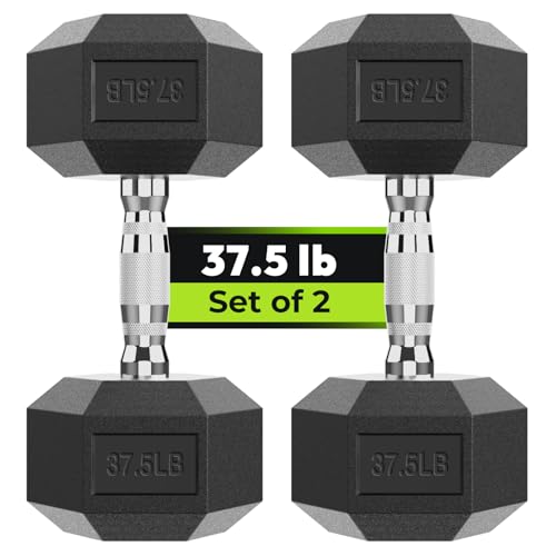 Hex Dumbbell Rubber Encased Strength Training Dumbbells, Hand Weight For Workout & Exercise/Pair of 37.5LB