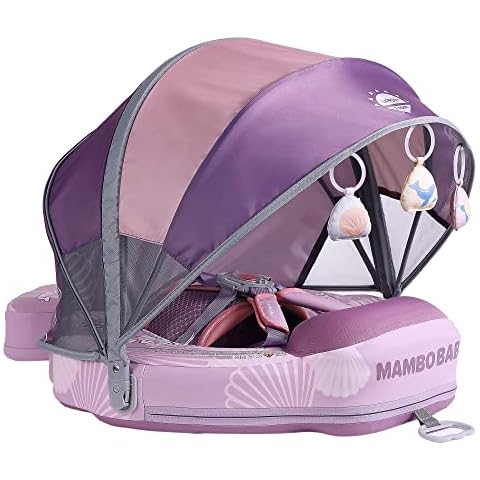 Mambobaby Float Add Tail Baby Swim Float with Canopy Solid Pool Infant Swim Trainer Swimming Training Lying Air Free Water Floats Non-Inflatable Waist Swim Ring for Toddlers (Shell - Purple) Cover