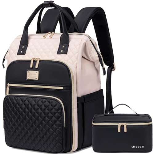 Otevan 15.6 Inch Laptop Backpack for Women Work Backpack with Lunchbox Insulated Backpack Cooler Teacher Nurse Travel Backpack for Women Beige/Black 24009