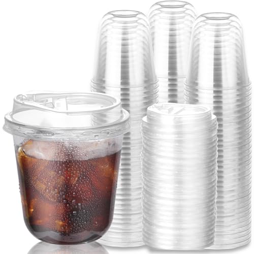 Elmchee 100 Pcs Plastic Coffee Cups with Sip Lids Disposable Cups, Disposable Strawless Plastic Cups for Smoothie, Cold Drinks, Coffee Shops, Party Catering(12 oz)