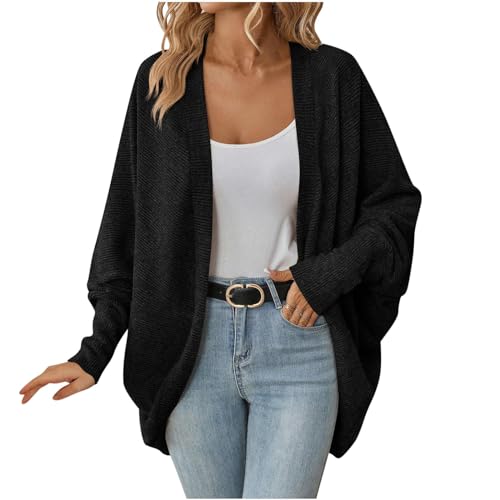 Image of Jacket for Women UK Summer Jackets for Women UK Open Front Plus Size Long Cardigan Batwing Sleeve Cardigan Solid Color Chunky Knit Knitted Kimono Sweater Black