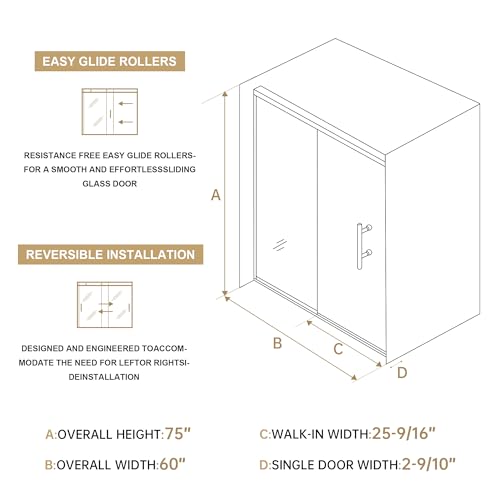 Findepot Frameless Sliding Shower Door 56-60 in W x 75 in H,Frameless Shower Door with 5/16\" (8mm) Clear Tempered Glass,Silent Soft-Close Design,Brushed Gold - Thumbnail 2