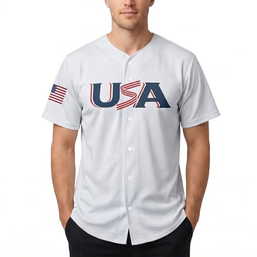 Mens American Flag Baseball Jerseys for Independence Day Red White Blue Simple Style Shirts 250th Anniversary USA Patriotic Jersey