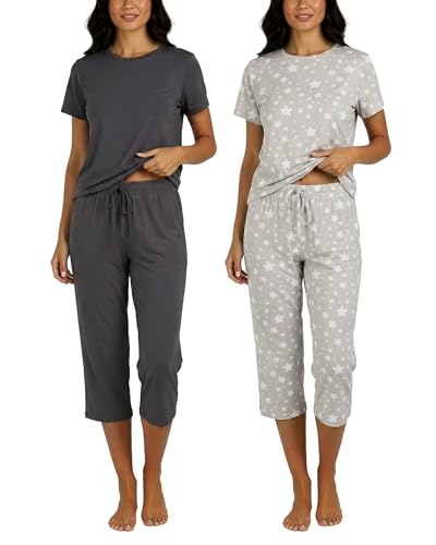 Image of Real Essentials 2 Pack: Womens Pajamas Short Sleeve Sleepwear Tops and Capri Pants Pjs Print Pajama Sets (Available In Plus)