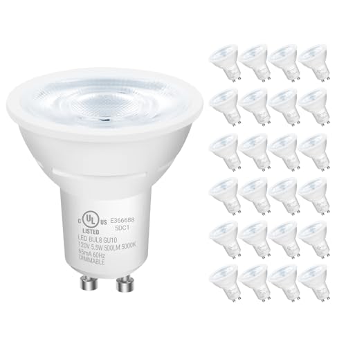 DAYBETTER GU10 LED Light Bulbs, Dimmable GU10 Bulb Replacement for Track Lighting, 5.5w Equivalent 50W, 500 LM Daylight White 5000K, MR16 LED Bulb for Kitchen, Range Hood, Living Room, 24 Pack