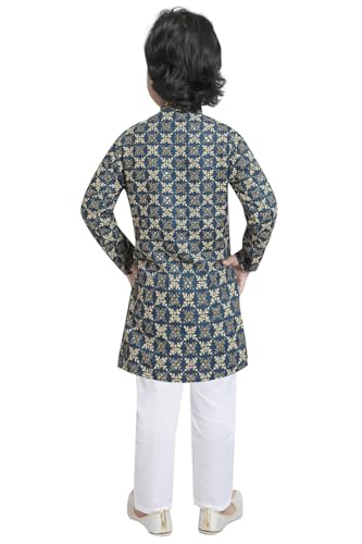 Image of TinySteps Boys' Ethnic Wear - Cotton Lakhnavi Chikan Kurta with Golden Sequence Work and Elastic Waist White Cotton Pajama - Festive & Wedding Outfit