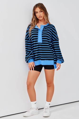 Tankaneo Womens Oversized Striped Sweatshirts Henley Shirts Color Block Casual Pullover Waffle Knit Tops Black Blue — view 5