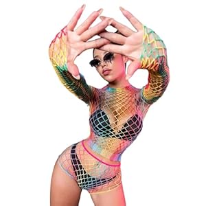 SEXYTINE Women Sexy Cosplay Colorful Rainbow Striped Fishnet Mini Dress Bodysuit Teddy Babydoll Halloween Dance Bikini Beach Coverups