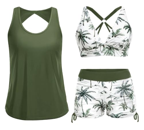 Image of Yonique 3 Piece Tankini Swimsuits for Women Swim Tank Top Bathing Suits with Boy Shorts and Bra Athletic Swimwear