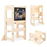 Toddler Standing Tower, Learning Standing Tower 2-in-1 Kitchen Wooden Stool Helper with Chalkboard Montessori and Waldorf Helper for Kids Wooden Step Stool with Desk Table and Chair (Log Color)