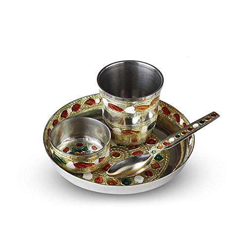 Image of GUG Laddu Gopal ji ke Bartan /Pooja bhog thali Small 4 pcs set Multicolor Bhog Thali with Glass Bowl and Spoon Stainless Steel