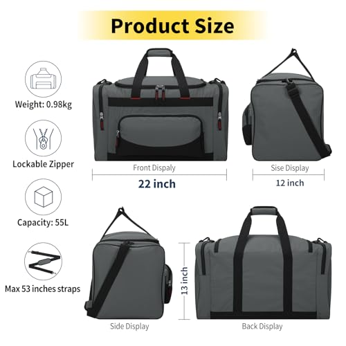 Image of Gym Bag 22 inch Sport Duffle Bag for Men, Dark Grey | 55L, Large Capacity, Multi Pockets, Weekender, Travel, 22 inchx12 inchx13 inch
