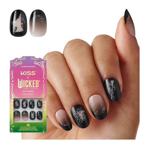 KISS X WICKED: FOR GOOD Press On Nails Own Your Power Black Short Oval Waterproof Chip Proof Smudge Proof 28 Fake Nails Pink Gel Nail Glue (2g) Mini Nail File & Manicure Stick