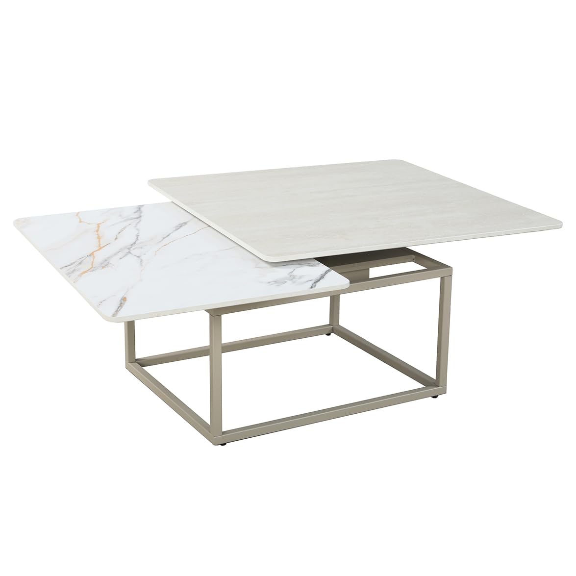 Meubletmoi Table Basse rotative 2 Plateaux en céramique Blanche Effet marbré et Beige Effet travertin avec piètement métal Beige – Design Moderne et ingénieux – THYLA