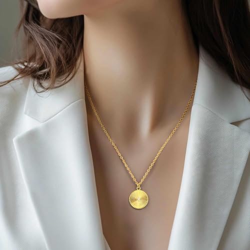 14K Gold Necklaces for Women Gold Pendant Necklace Circle Round Pendant Necklace Bold Round Disc with a Center Cubic Zirconia and Sunray Engravings Dainty Disc Necklaces for Women Trendy2
