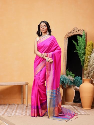 Image of Amazon Brand - Anarva Pattu Art Silk Woven Ready To Wear Saree Pink