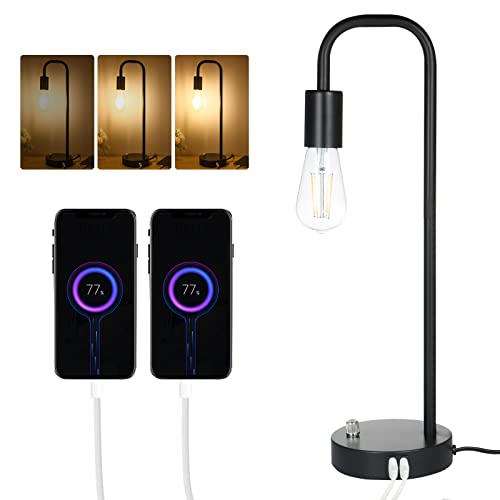 Tomshing Industrial Table Lamp, Modern Bedside Lamp With 2 Usb Charge Ports Stepless Dimmable Vintage Bedside Nightstand Lamp For Bedroom Living Room (Bulb Included) #TOP30