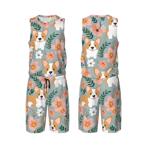 Maillot de basket-ball homme léger contre la chaleur avec imprimé corgi floral
