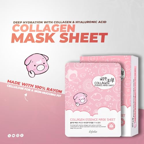 esfolio Collagen Essence Sheet Mask – Hydrating & Firming Face Mask for Glowing Skin – Anti-Aging Korean Skincare with Hydrolyzed Collagen & Hyaluronic Acid – Moisturizing Facial Mask (Pack of 10)