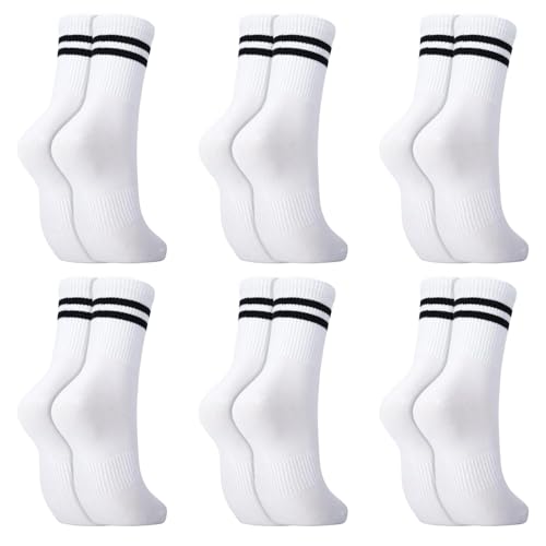 QILUCKY 6 Pairs Ladies Sports Socks, Ankle Crew Socks for Women, Gym Leisure Striped Mid-Calf Athletic, Cotton Breathable Moisture Socks (UK, Numeric, 4, 7, Regular, Regular, 6, white)