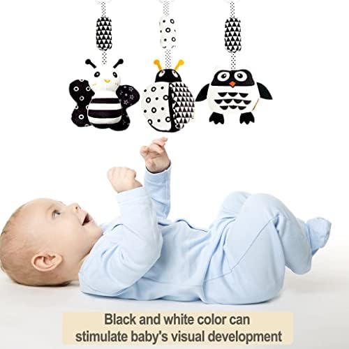 AIPINQI 3 Pack Hanging Rattle Toys ,High Contrast Baby Toys and Plush Stroller Toys for Babies 0-18 Months,Newborn Car Seat Toys with Black and White Cartoon Shapes,(Ladybug,Bee & Owl)