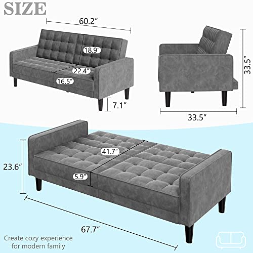 Jamfly Velvet Futon Sofa Bed Loveseat Couch, Modern Upholstered Sleeper Sofa, Fold Up/Down Adjustable Couch For Living Room, Bedroom, Apartment(Dark Gray) #TOP2